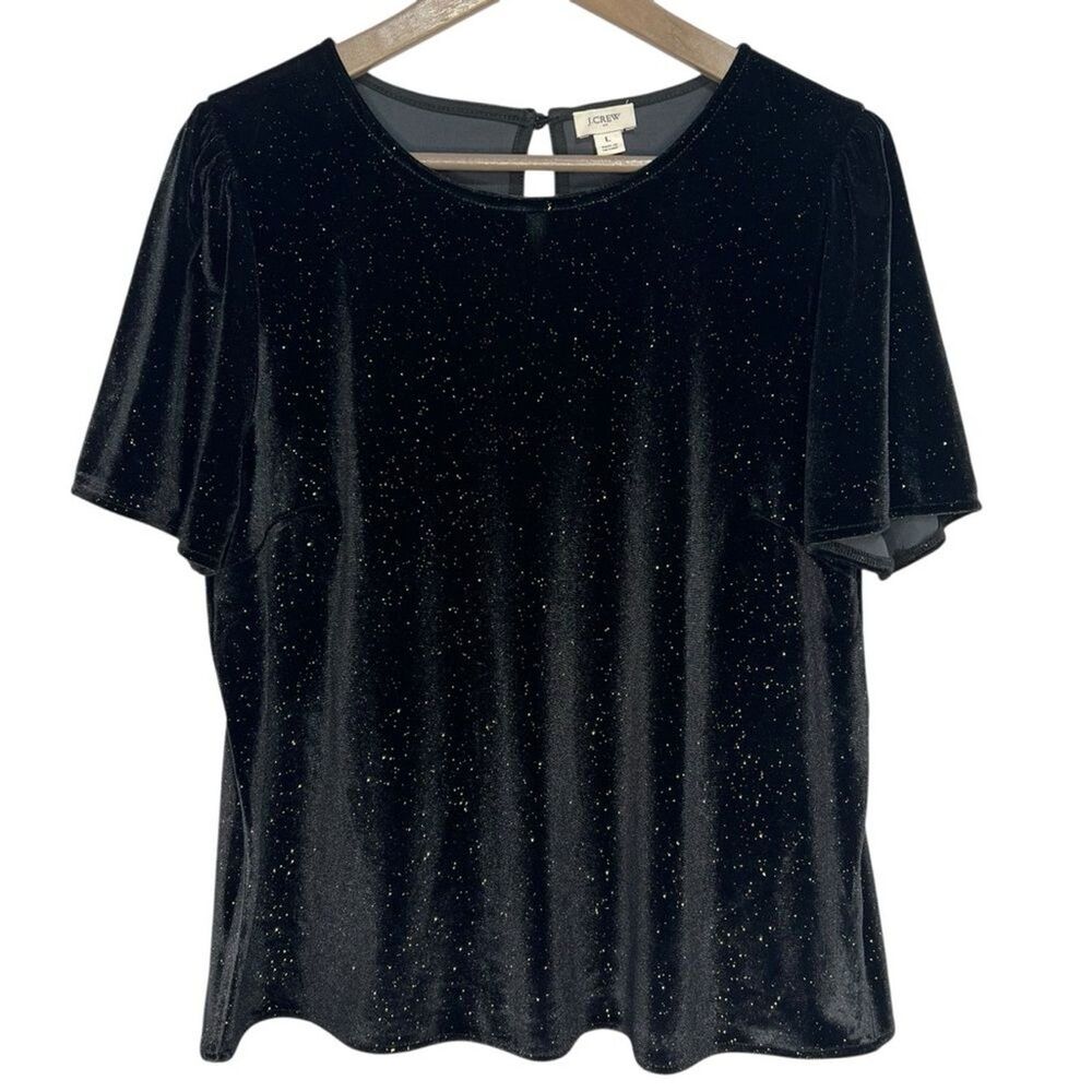 J. Crew Velvet Shimmer Top size Large Black/Gold Short Sleeve Holiday Party